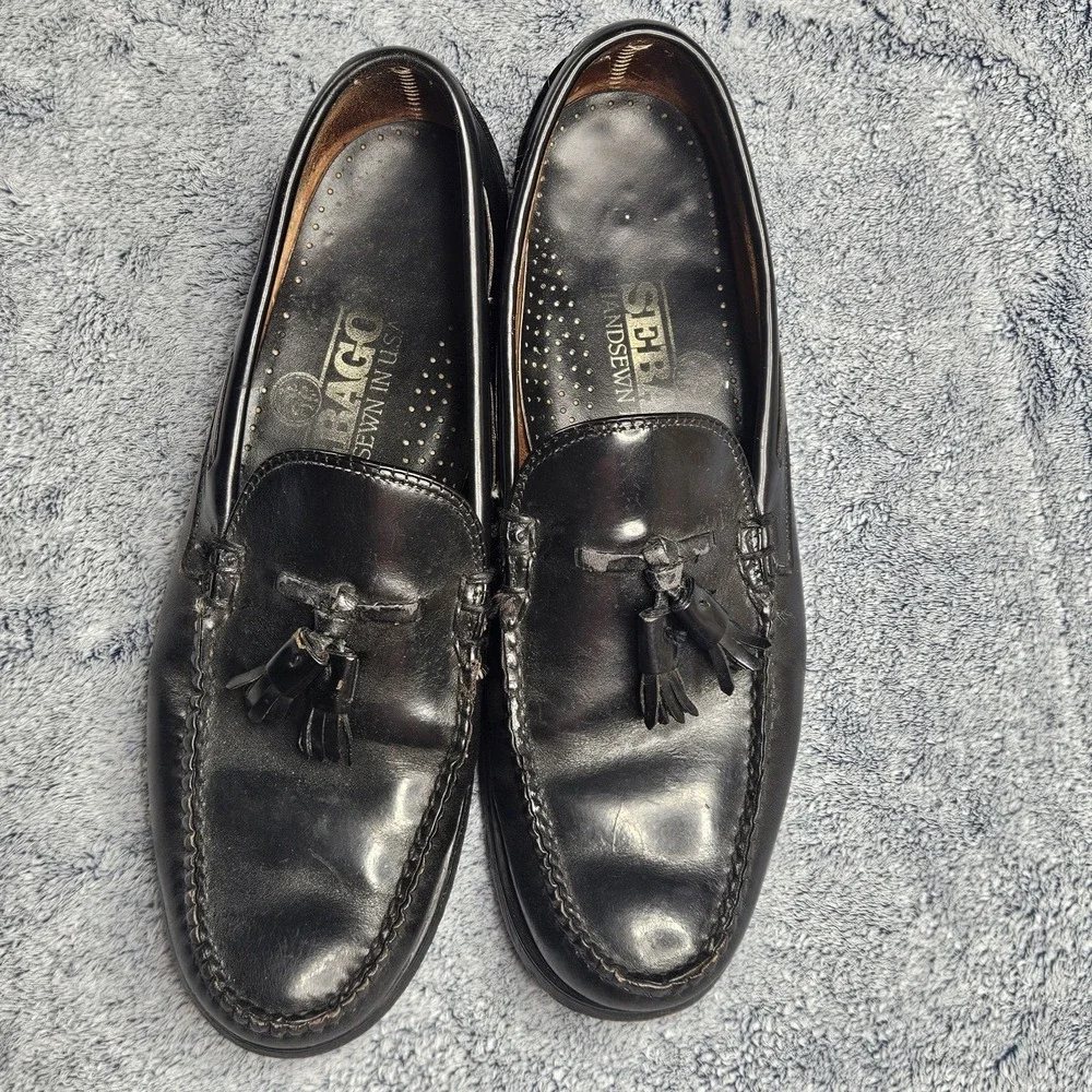 Vintage Sebago Loafers Mens 10 Black Leather Tassel Made in USA Slip On Shoes